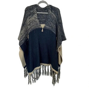 Boutique Navy & Beige Cozy Shawl/Poncho With Tassels One Size
